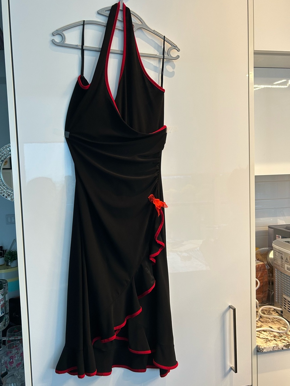 Y2K vintage Halter Black Dress with Red Trim and Ruffle Accent with Flower